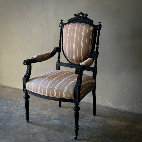 1870s Louis XVI Style Ebonized Fauteuil in Upholstered Linen – Lee