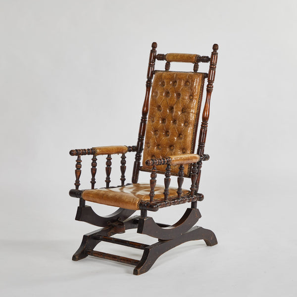 Rocking Chair in Mahogany with Tufted Leather Upholstery Lee