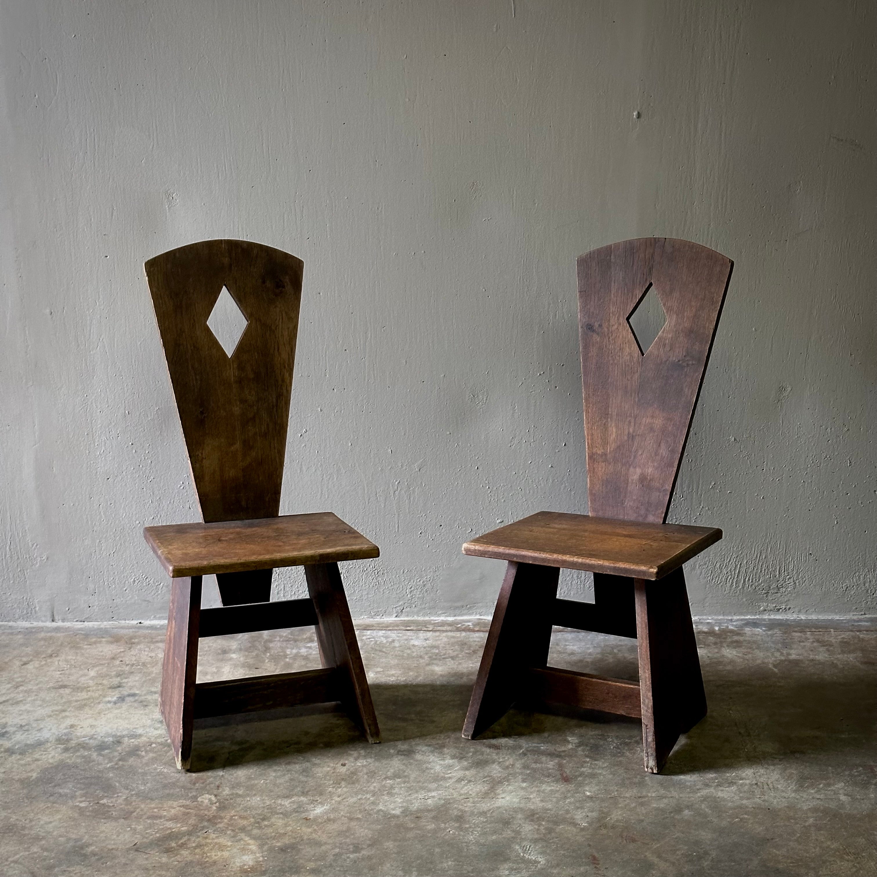 Pair of Early 20th Century French Low Rustic Oak Chairs