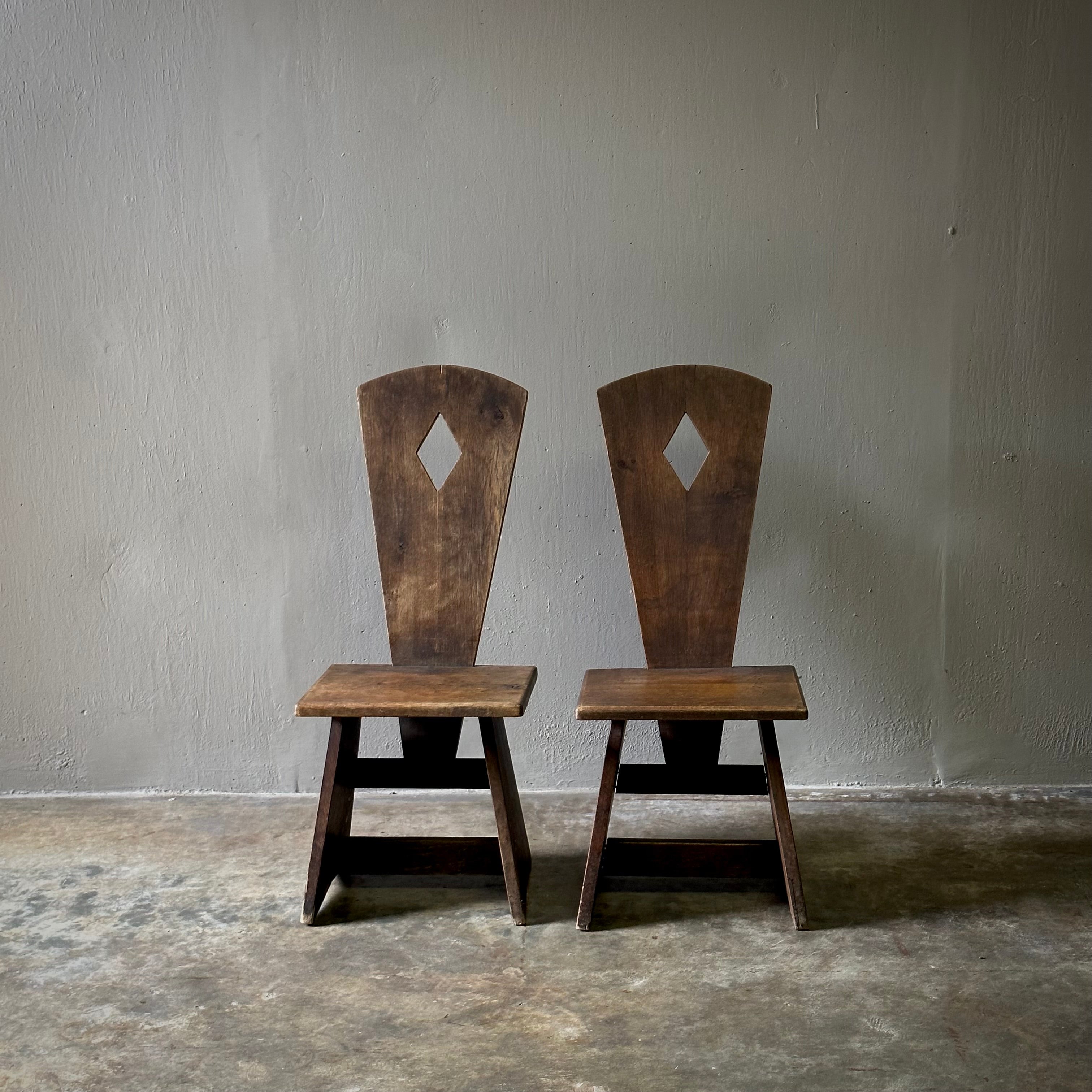 Pair of Early 20th Century French Low Rustic Oak Chairs