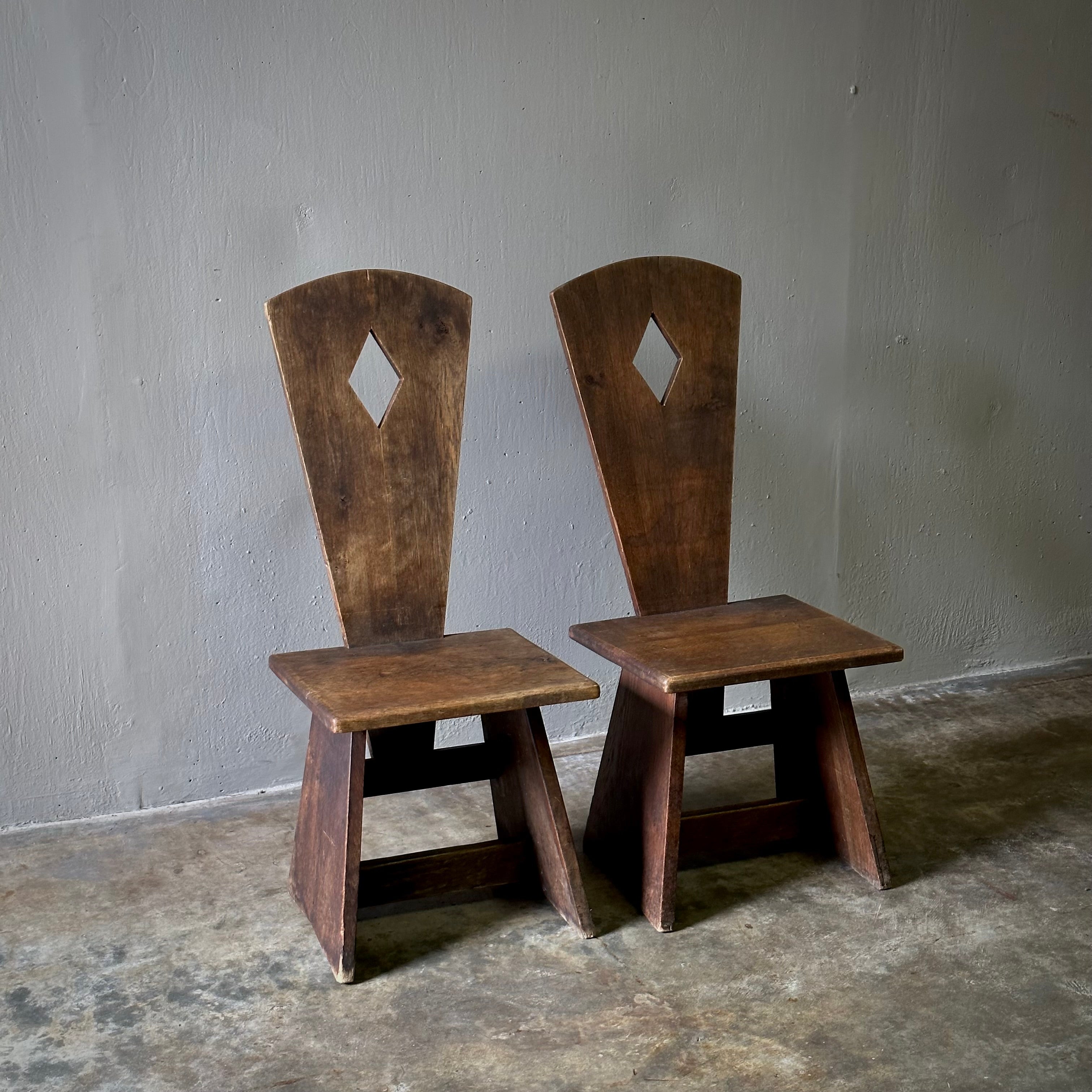 Pair of Early 20th Century French Low Rustic Oak Chairs