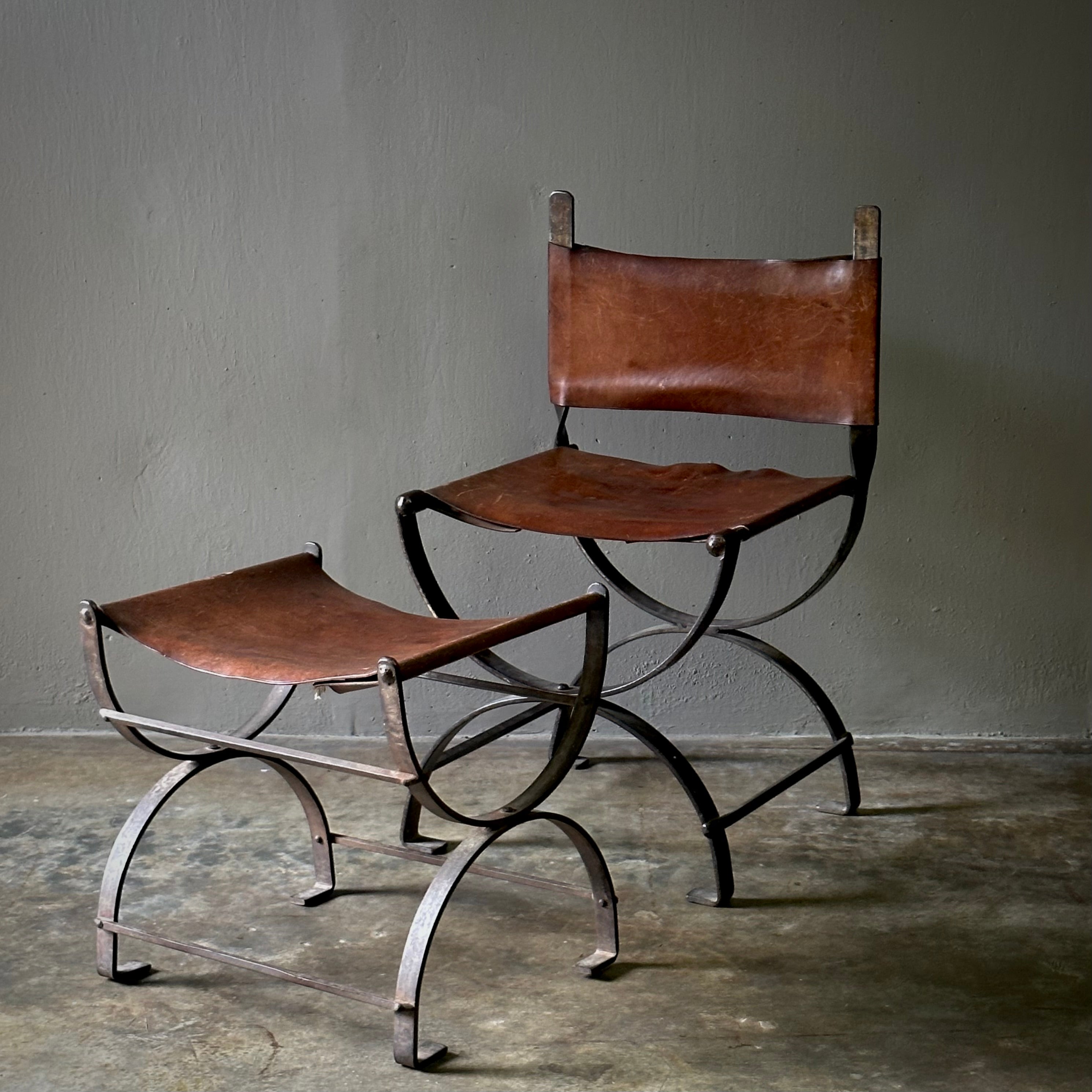 Spanish Leather and Iron Chair with Bench