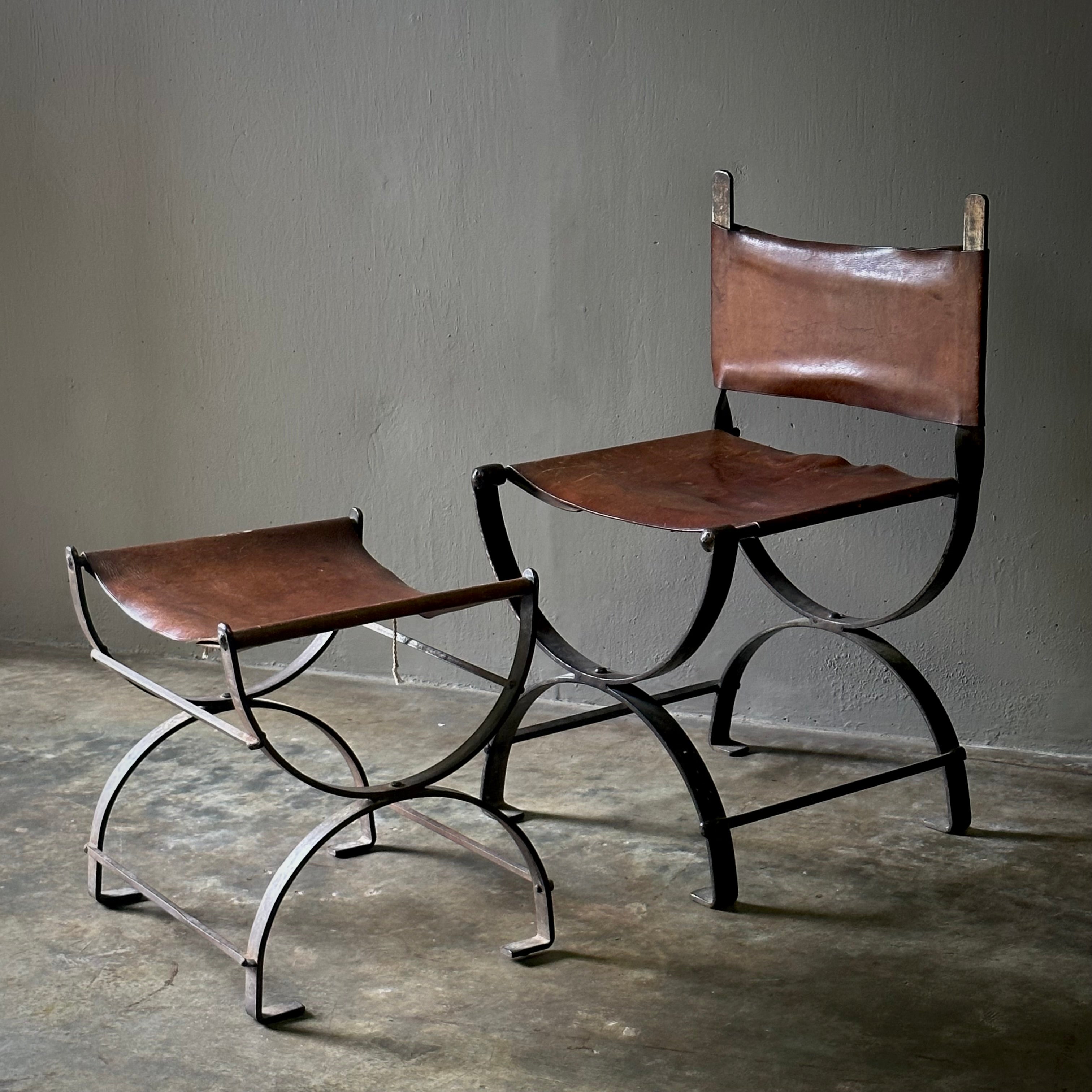 Spanish Leather and Iron Chair with Bench.