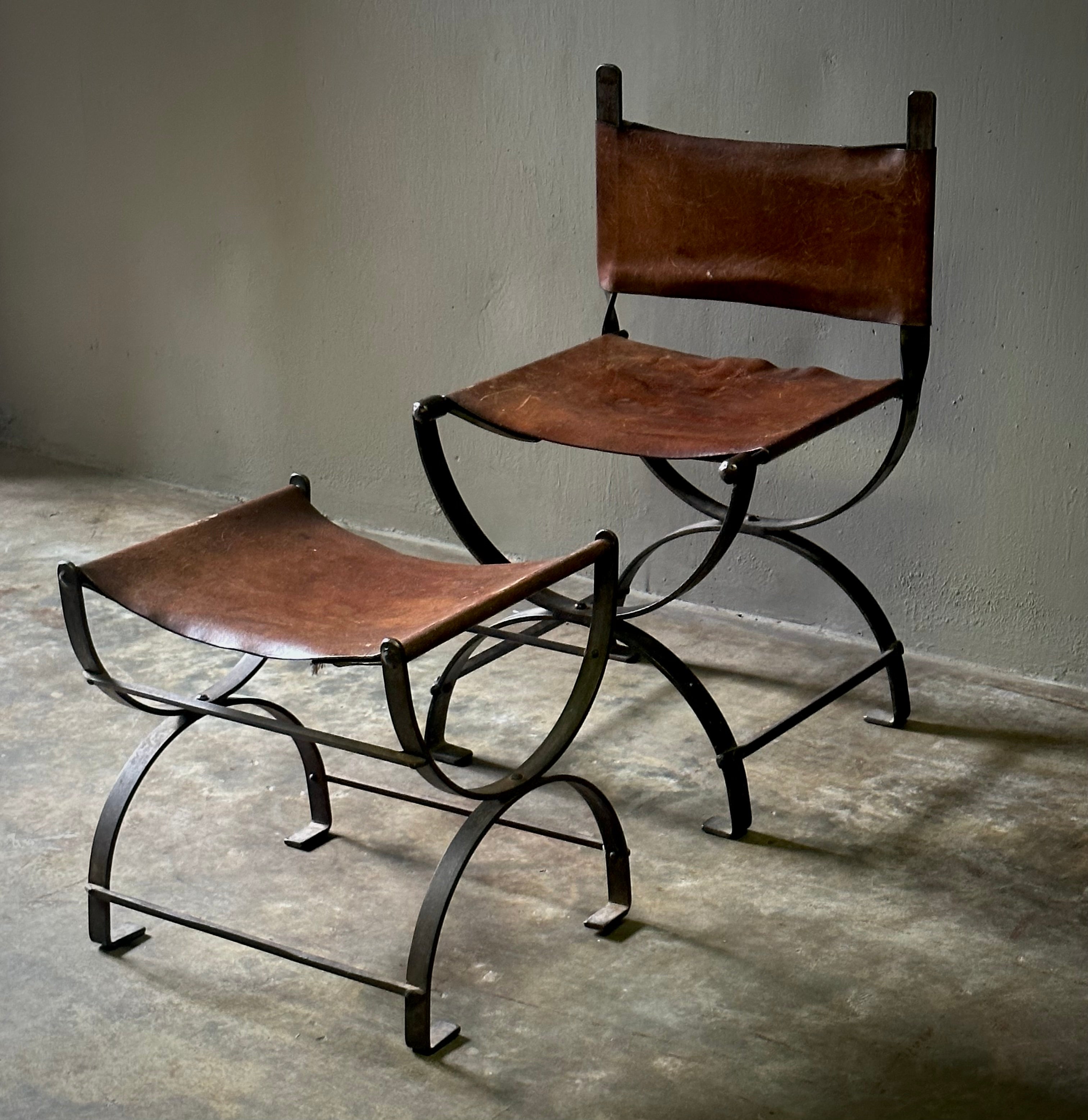 Spanish Leather and Iron Chair with Bench