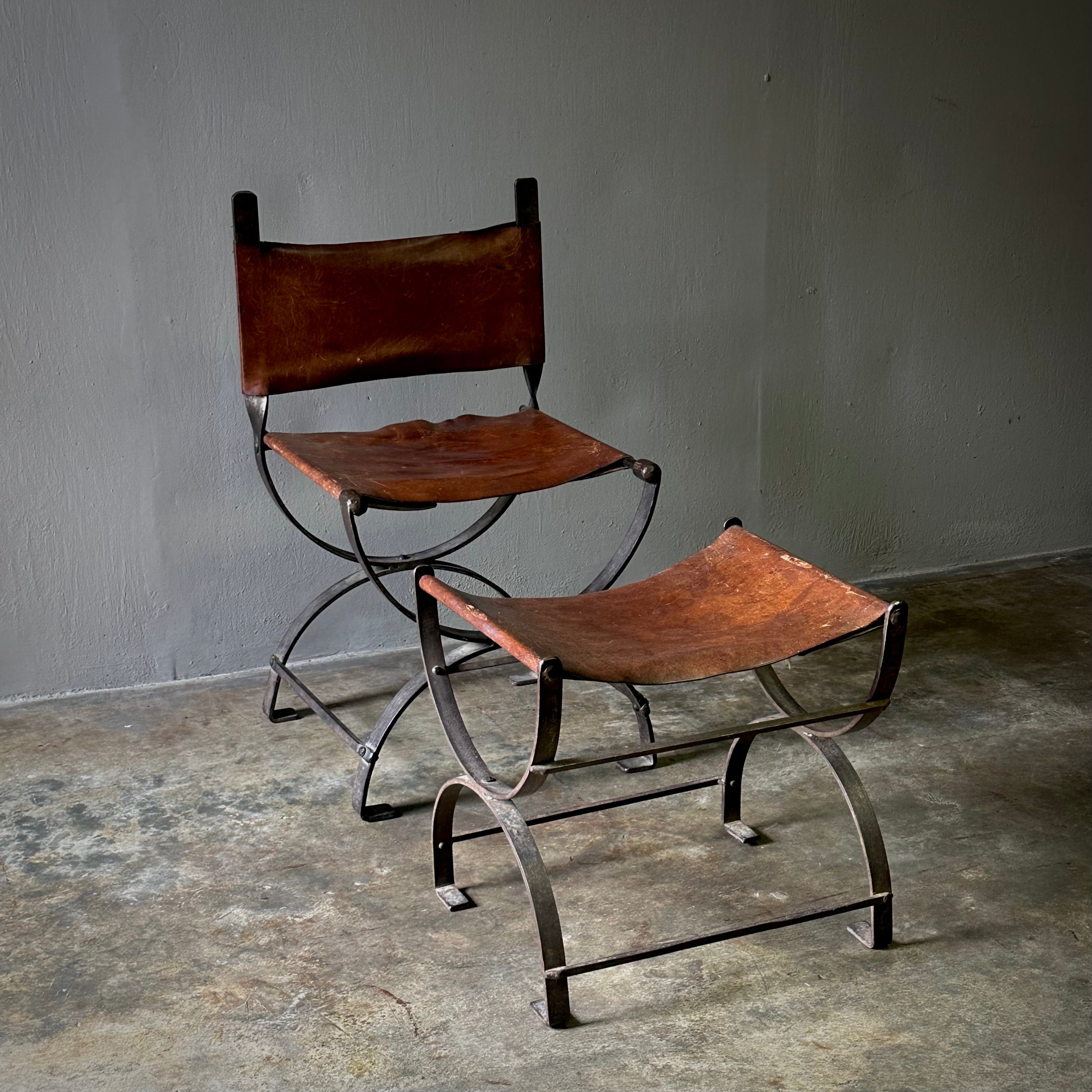 Spanish Leather and Iron Chair with Bench