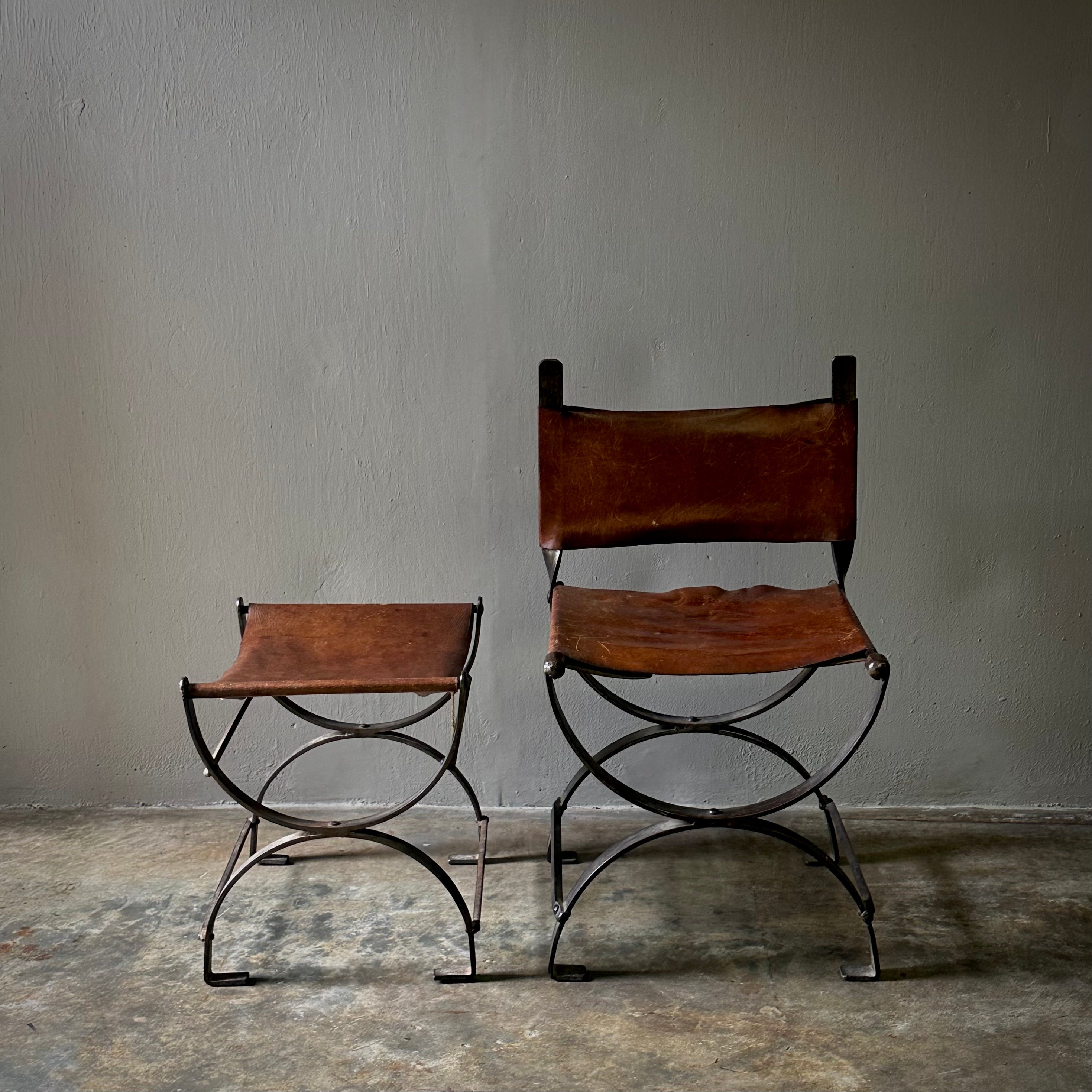 Spanish Leather and Iron Chair with Bench