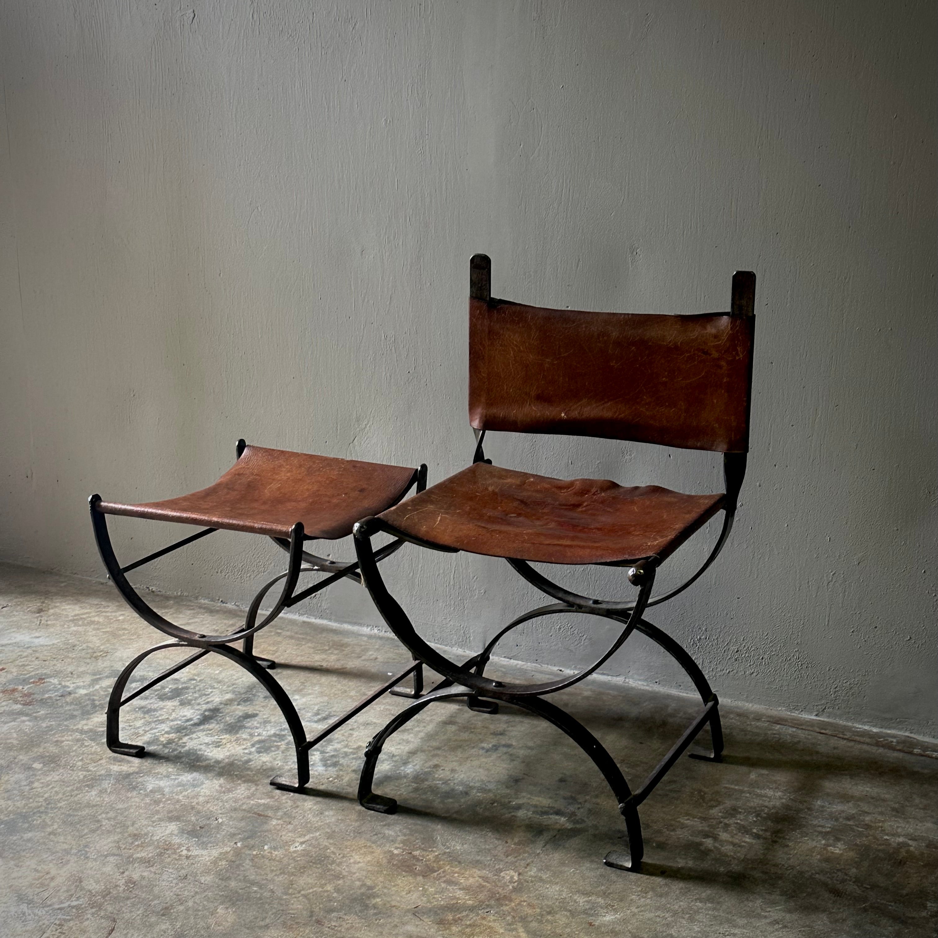 Spanish Leather and Iron Chair with Bench